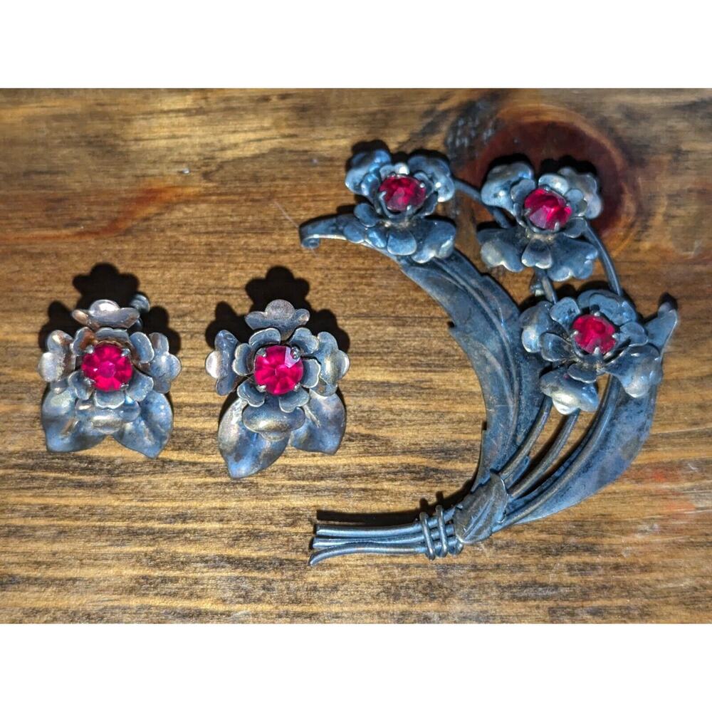 Harry Iskin Brooch Sterling Silver Earring Set Vintage Estate Red Stone Pin